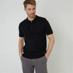 Threadbare Quarter Zip Textured Trim Knitted Polo Shirt