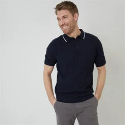 Threadbare Textured Front Tipping Collar Knitted Polo Shirt